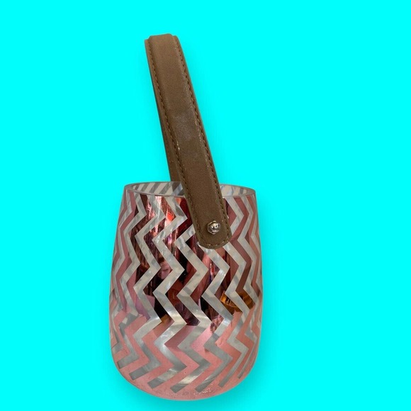 Vintage Leather Handled Glass Ice Bucket Gold Metallic Vertical Zigzag Chevron - Picture 2 of 8